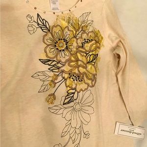 NWT Alfred Dunner 3/4 Length Sleeve Embellished Top Oatmeal/Cream Petite Small